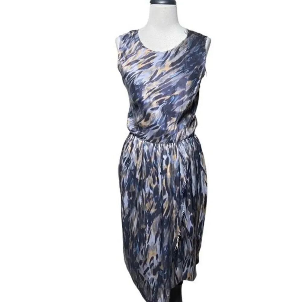 Ulla Johnson Fitted Abstract Blue Grey Sleeveless Silk Cocktail Dress Size 6